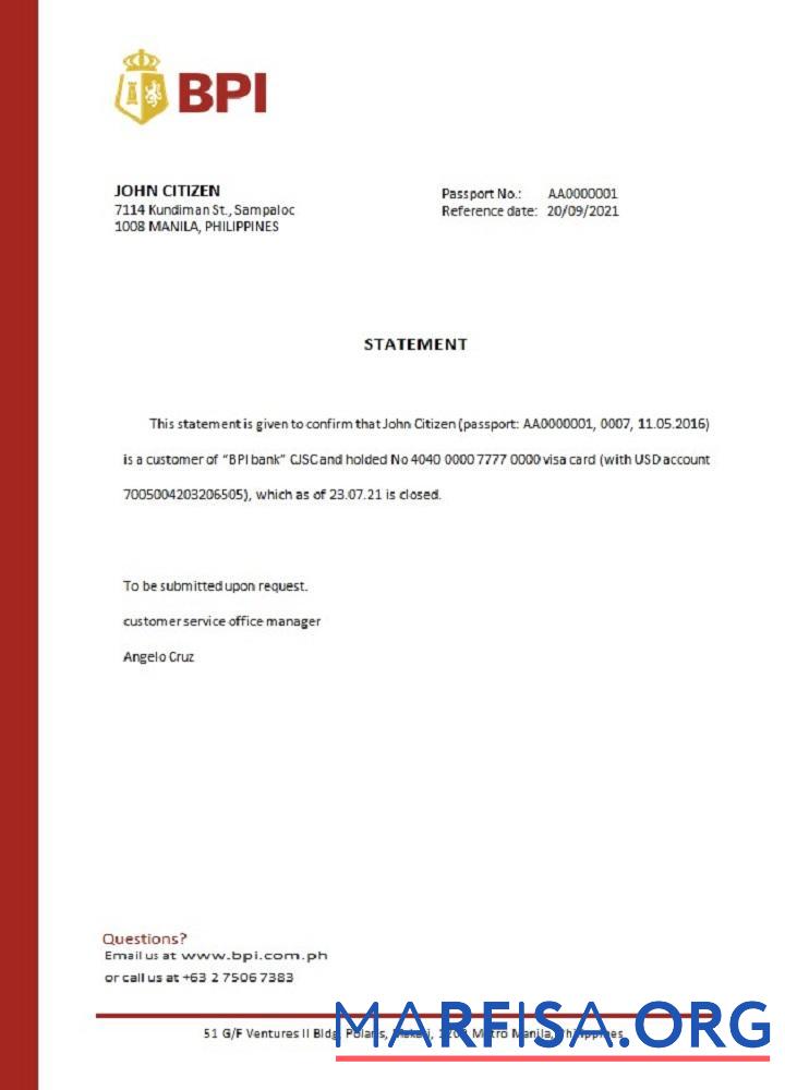 Downloadable Philippines BPI closure reference sample